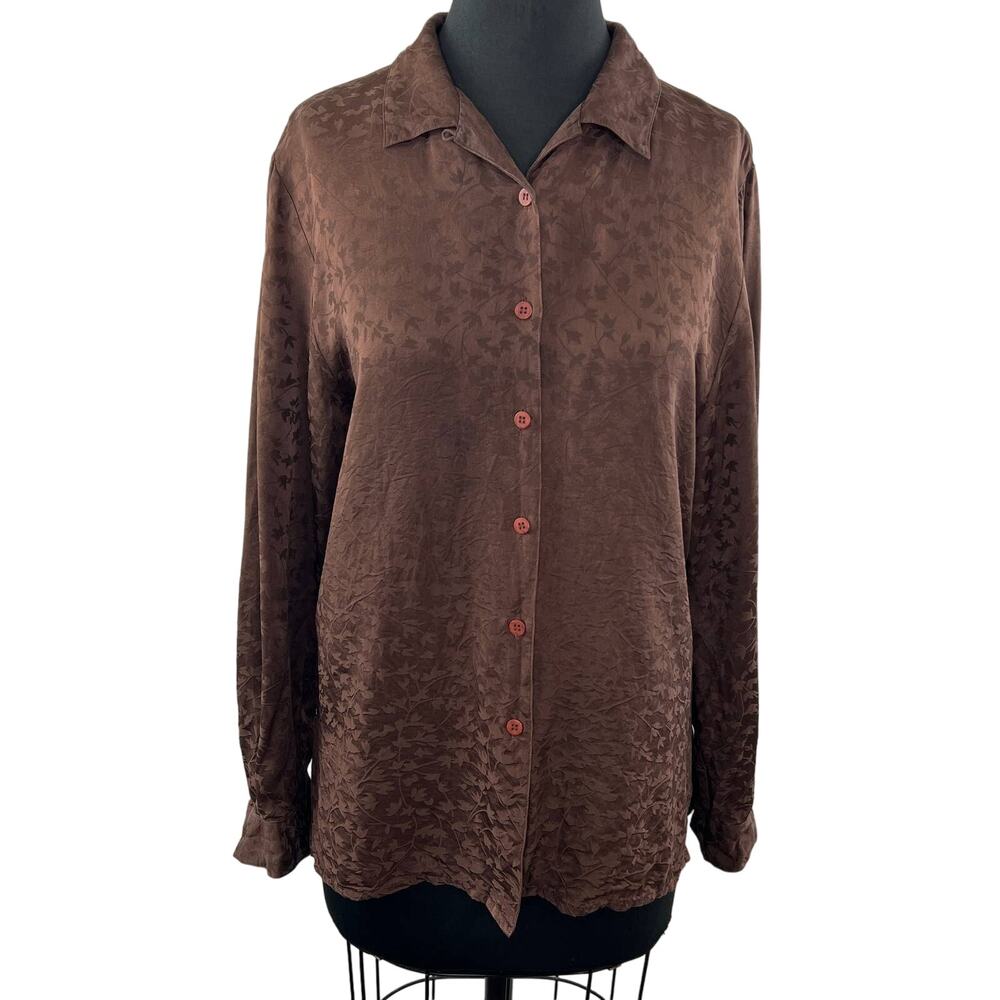 Vintage EILEEN FISHER Brown Silk Textured Floral Button-Down Long Sleeve Top S